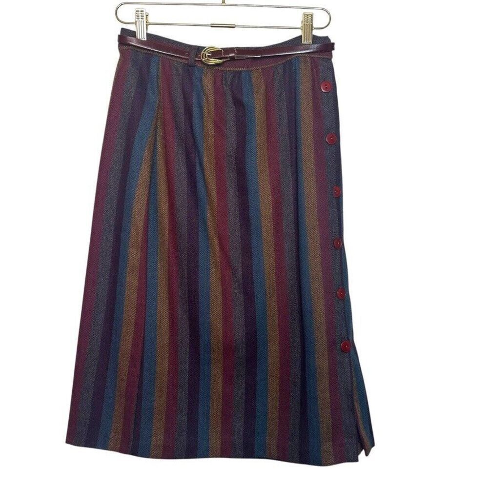 Vintage 80's Wool Maxi Skirt Women Size 12 Maroon Multi Button Made in The USA